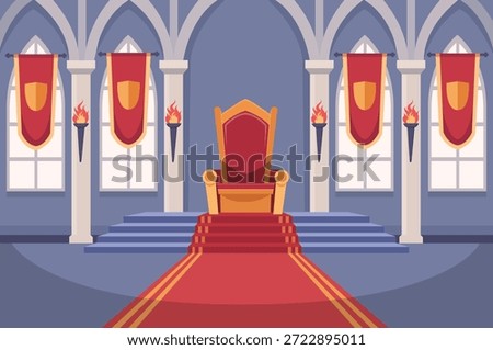 Empty castle hall room with golden king throne on pedestal with stair. Interior of medieval room. Vector stock	