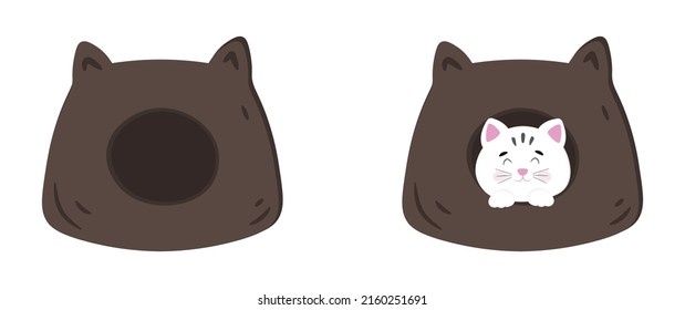 Empty cat house-couch and house with white kitty in a brown house for cats