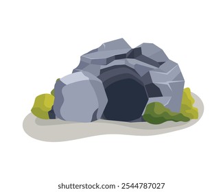 Empty Cave with a stone near the entrance. Tomb of Jesus - vector Easter illustration.