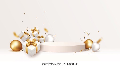 Empty celebration podium background with gold confetti and balloons