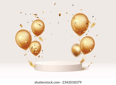 Empty celebration podium background with gold confetti and balloons