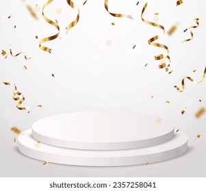 Fondo de podio de celebración vacío con confeti de oro y globos