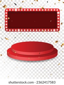 Leeres Fest-Podium und Schild-Rahmen-Banner mit Goldkonfetti 