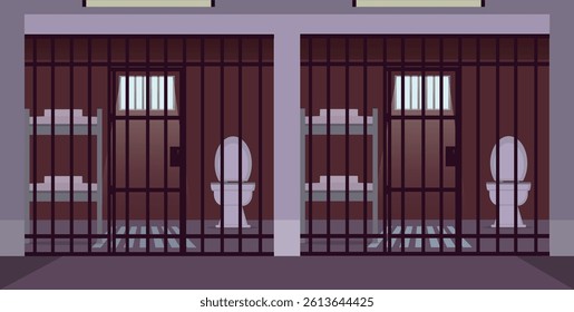 Empty cells scene. Detention center for prisoner. Prison concept. Vector stock