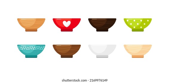 Empty ceramic bowls, deep plates, wooden dishes for soup and salad. Vector cartoon set of kitchen tableware, bright plastic or pottery utensil isolated on white background