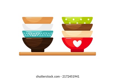 Empty ceramic bowls, deep plates or dishes for soup and salad. Vector cartoon set of kitchen tableware, bright plastic or pottery utensil in stack on shelf and isolated on white background