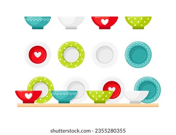 Empty ceramic bowls, plates, dishes for soup, garnish and salad, top and side view. Vector flat cartoon set of kitchen serving tableware, bright plastic or pottery utensil on kitchen or store shelf