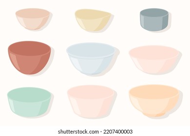 Empty ceramic bowls in various styles with silhouettes isolated on background.