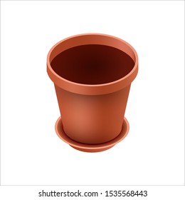 Empty ceramic brown flowerpots for cultivation of plants. Clay pot in an isometry, isolated on a white background. Vector illustration