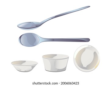 Empty Ceramic Sauce Bowl And Metal Spoon In Flat Cartoon Style. Vector Illustration Isolated On White Background