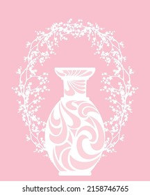 empty ceramic vase with elegant ornament among sakura blossom branches forming oval frame - home decor emblem vector design