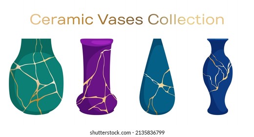 Empty ceramic vases vector collection. Japanese art of restoration broken pottery gold patterns on ceramic vases.  Interior decor pottery. Elegant pots illustration set.