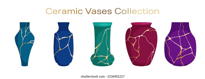 Empty ceramic vases vector collection. Japanese art of repairing broken pottery gold patterns on ceramic vases.  Home decor pottery. Vessel, jar, pot, amphora, bowl, 