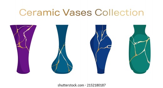 Empty ceramic vases vector collection. Pottery ceramic vases for flower bouquets with broken line kintsugi patterns. Home decor pottery. Elegant bowls illustration set.