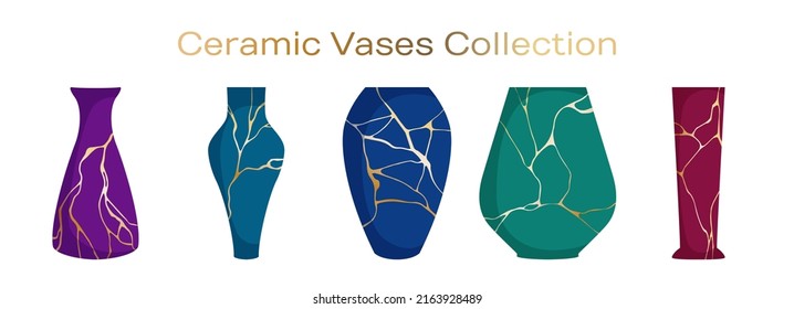 Empty ceramic vases vector collection. Japanese art of restoration broken pottery gold patterns on ceramic vases.  Home decor pottery. Elegant amphoras illustration set.