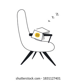 An empty chair with a book and sleeping sign. 404 empty page concept, no results and the page not found. Flat line vector illustration on white 