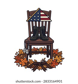 An empty chair draped with an American flag, holding military boots, surrounded by autumn leaves and dog tags, symbolizing remembrance.
