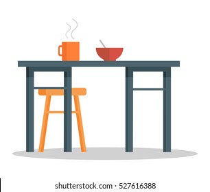 Silla vacía, mesa de oficina con taza de té o café caliente y cuenco de sopa o avena. Lugar para el consumo de alimentos aislado en blanco. Comedor de decoración interior de oficina. Es hora de comer algo. Vector