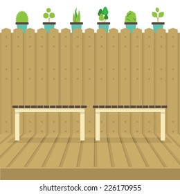 Empty Chairs On Wood Wall And Ground With Pot Plants Above Vector Illustration