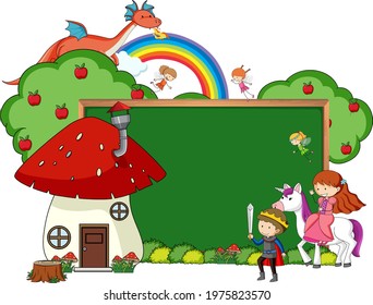 Empty chalkboard banner with fairy tale cartoon character and elements isolated illustration