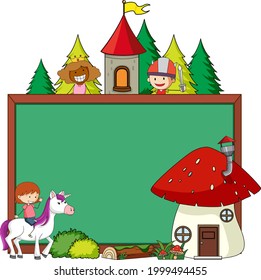 Empty chalkboard banner with fairy tale cartoon character and elements isolated illustration