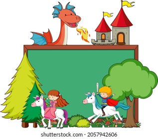 Empty chalkboard banner with fairy tale cartoon character and elements isolated illustration