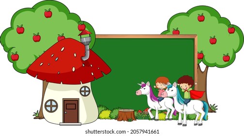 Empty chalkboard banner with fantasy cartoon character isolated illustration