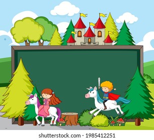 Cartel vacío en la escena forestal con personajes de caricatura de cuento de hadas e ilustración de elementos