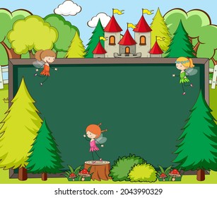 Cartel vacío en la escena forestal con personajes de caricatura de cuento de hadas e ilustración de elementos