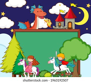 Empty chalkboard banner in the night sky with fairy tale cartoon character and elements illustration