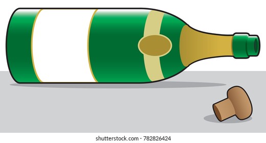 Empty champagne bottle is lying on it's side on the floor next to it's cork