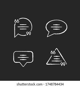 Empty chat bubbles with quotation marks chalk white icons set on black background. Textbox with quotes. Empty comment templates. Dialogue box. Isolated vector chalkboard illustrations