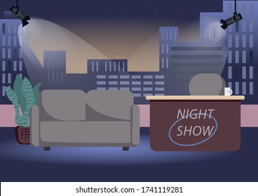 Empty Chat Show Studio Flat Color Vector Illustration. Evening Talk Show Shooting Stage 2D Cartoon Interior With Decorations On Background. Host Desk And Guest Couch With No People In Spotlights