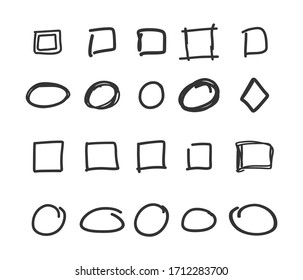 Empty check box, circles and squares hand drawn vector illustrations set
