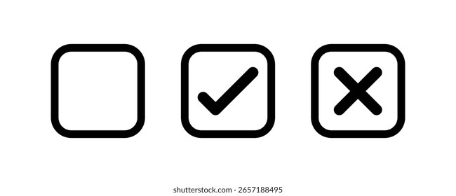 Casilla de verificación vacía, marca de verificación y cruz para su uso en formularios, interfaces, administración de tareas, votación o indicadores de Estado de Aprobación