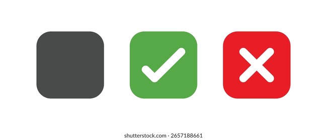 Casilla de verificación vacía, marca de verificación verde y cruz roja para su uso en formularios, interfaces, gestión de tareas, votación o indicadores de Estado de Aprobación