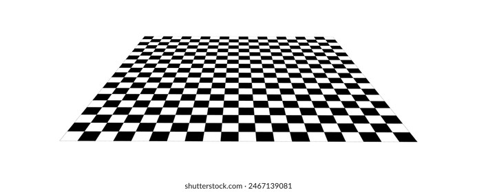 Empty checkerboard in perspective. Tiled mosaic floor. Sloped chessboard plane texture. Inclined board with black and white squares pattern isolated on white background. Vector graphic illustration.