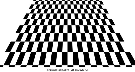 Tablero de ajedrez vacío en perspectiva. Suelo de mosaico de baldosas. Textura plana de tablero de ajedrez inclinado. Tablero inclinado con patrón de cuadrados en blanco y negro aislado sobre fondo blanco. Vector ilustración gráfica.