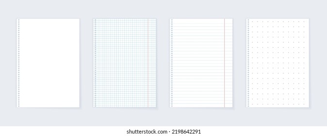 Leere Papierseiten, gesäumt, gestrichen oder blanc, realistische Noten für die Schule. Reinigen Sie Ihr Notebook im Format 4, 3 oder 2. Weißes Blatt für Bildung. Schatten auf grauem Hintergrund, Vektorgrafik.