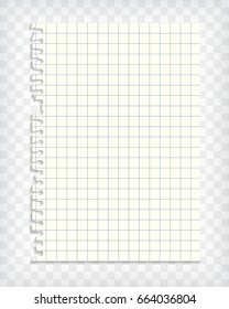 Empty checkered note book page with torn edge. Notepaper mockup. Graphic design element for text, advertisement, math, doodle, sketch, scrapbooking. Checkers paper piece. Realistic vector illustration