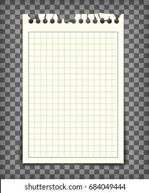 Empty checkered note book page with torn edge. Notepaper mockup. Graphic design element for text, advertisement, math, doodle, sketch, scrapbooking. Checkers paper piece. Realistic vector illustration