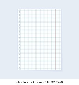 Empty checkered paper page, realistic note mockup for school. Blank clean notebook in a4, a3 or a2 format. White sheet document for education. Shadow on gray background vector illustration.