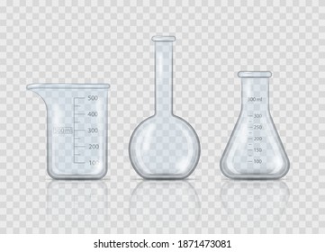 Empty chemical laboratory equipment in realistic style. Realistic lab beaker, glass flask and other chemical containers, 3D measuring medical equipment isolated on transparent background. Vector.