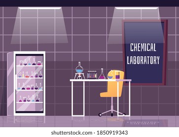 Leeres chemisches Labor mit Glaswaren für Experimente auf dem Schreibtisch und im Schrank, flache Cartoon-Vektorgrafik. Forschungschemikalie Laborinnenhintergrund.