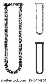 Empty chemical test tube composition of humpy parts in different sizes and shades, based on empty chemical test tube icon. Vector unequal parts are organized into collage.