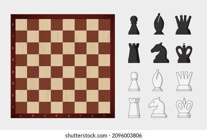 Empty chess board with game pieces template. Black and white chess melted in initial order is new installment of ancient logic vector game.