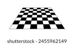 Empty chess board in perspective. Tiled floor angled point of view. Sloped checkerboard texture. Inclined board with black and white checkere pattern isolated on white background. Vector illustration.