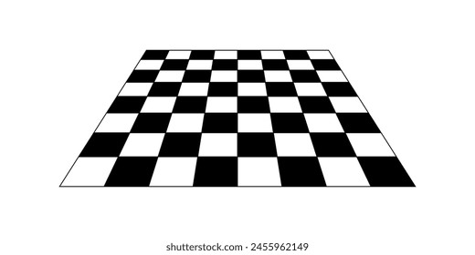 Empty chess board in perspective. Tiled floor angled point of view. Sloped checkerboard texture. Inclined board with black and white checkere pattern isolated on white background. Vector illustration.