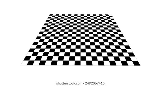 Empty chess board plane in perspective. Tilted mosaic floor. Angled checkerboard texture. Inclined board with black and white squares pattern isolated on white background. Vector flat illustration.