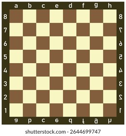 Empty chessboard with coordinate labels and rotated mirrored symbols, displayed in a flat top-down view with alternating light and dark brown squares.